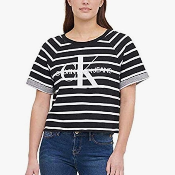 Calvin Klein Black and White Striped Crop Top - Picture 1 of 6